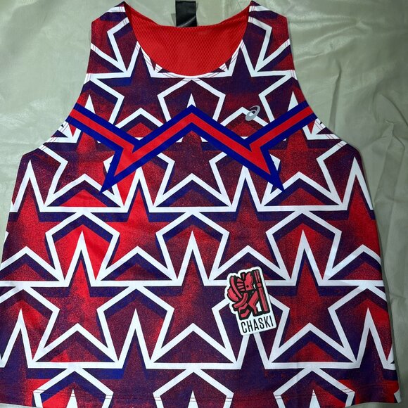 Asics Women's Medium Nation's Running top singlet Usa start red white blue NEW - Picture 1 of 14